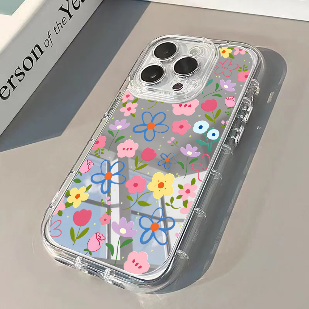 Phone Accessories List - Kore Tarzı Çiçek Desenli Gümüş Aynalı